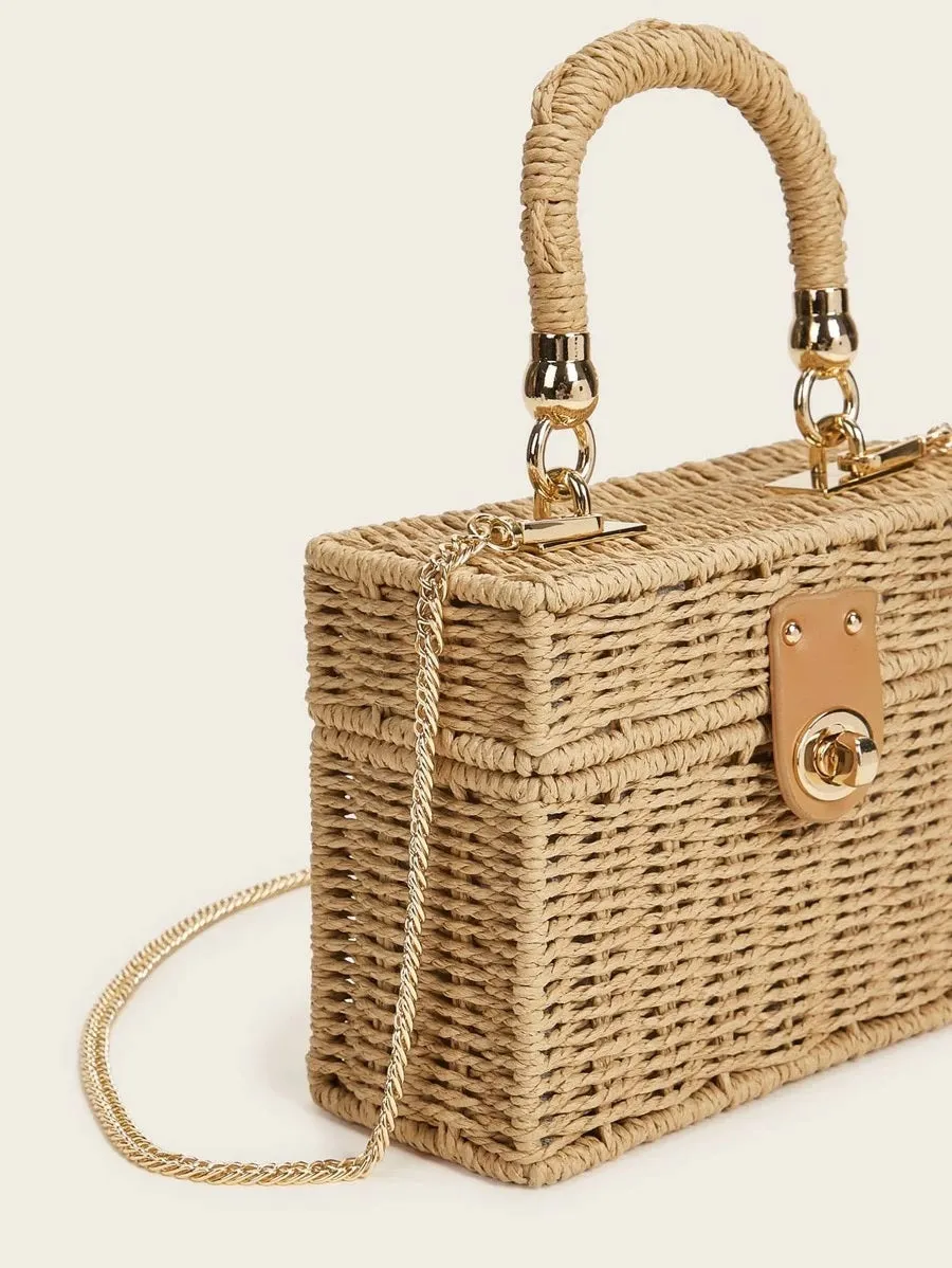 CM-BGS323064 Women Trendy Bohemian Style Woven Structured Box Bag - Khaki
