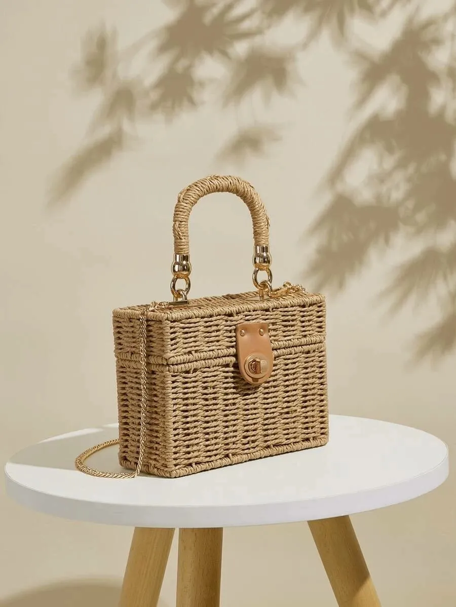 CM-BGS323064 Women Trendy Bohemian Style Woven Structured Box Bag - Khaki