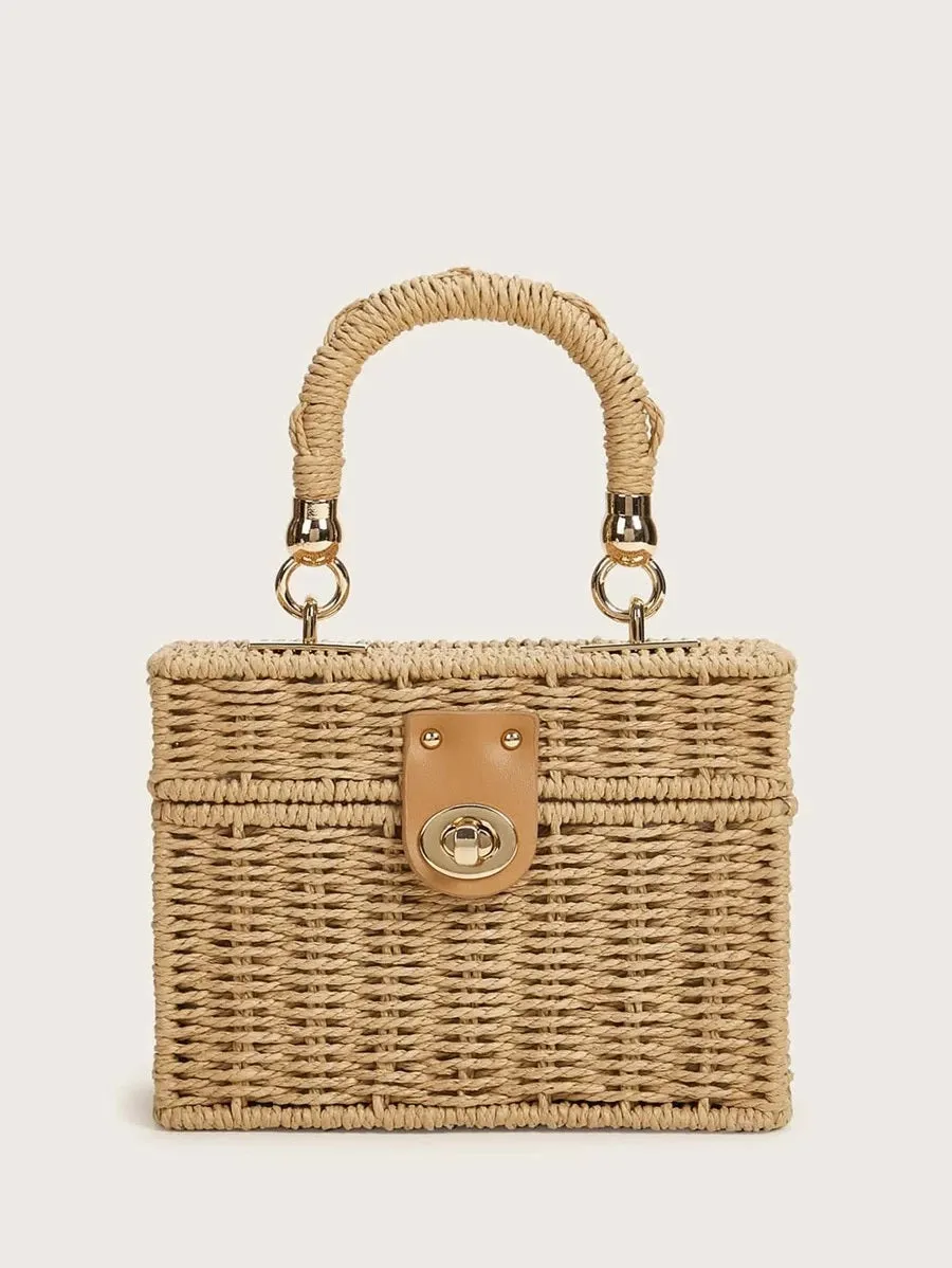 CM-BGS323064 Women Trendy Bohemian Style Woven Structured Box Bag - Khaki