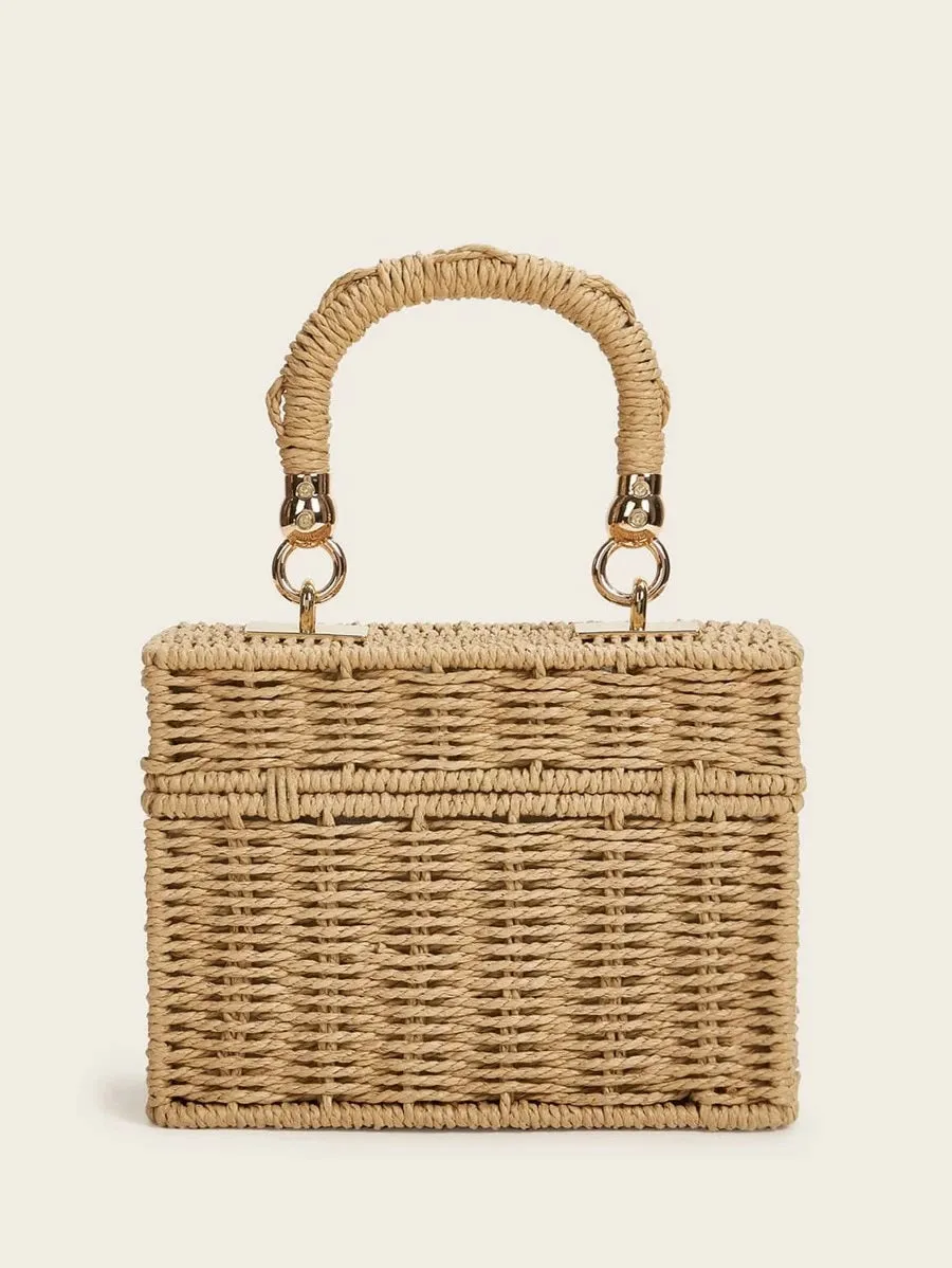 CM-BGS323064 Women Trendy Bohemian Style Woven Structured Box Bag - Khaki