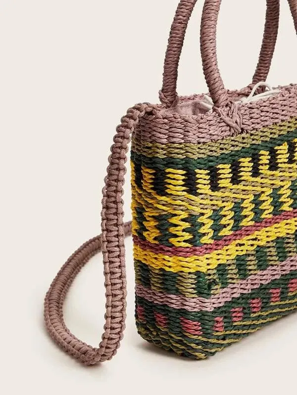CM-BGS325336 Women Trendy Bohemian Style Color-Block Woven Raffia Satchel Bag