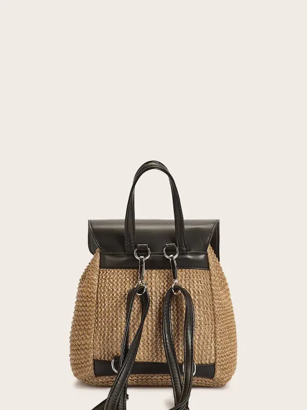 CM-BGS517771 Women Casual Bohemian Style Buckle Decor Flap Woven Backpack - Brown