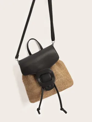 CM-BGS517771 Women Casual Bohemian Style Buckle Decor Flap Woven Backpack - Brown