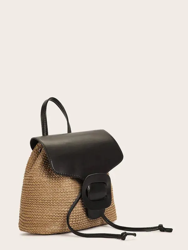 CM-BGS517771 Women Casual Bohemian Style Buckle Decor Flap Woven Backpack - Brown