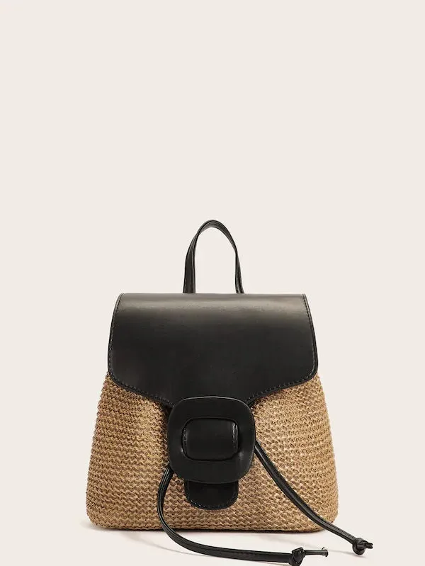 CM-BGS517771 Women Casual Bohemian Style Buckle Decor Flap Woven Backpack - Brown