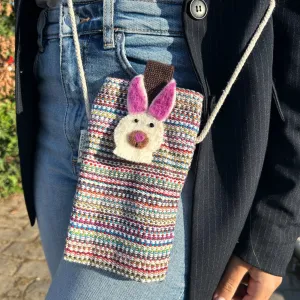 Colorful Striped Pink Bunny Phone Holder Bag with Long Strap – Cute Felted Rabbit Face Decor