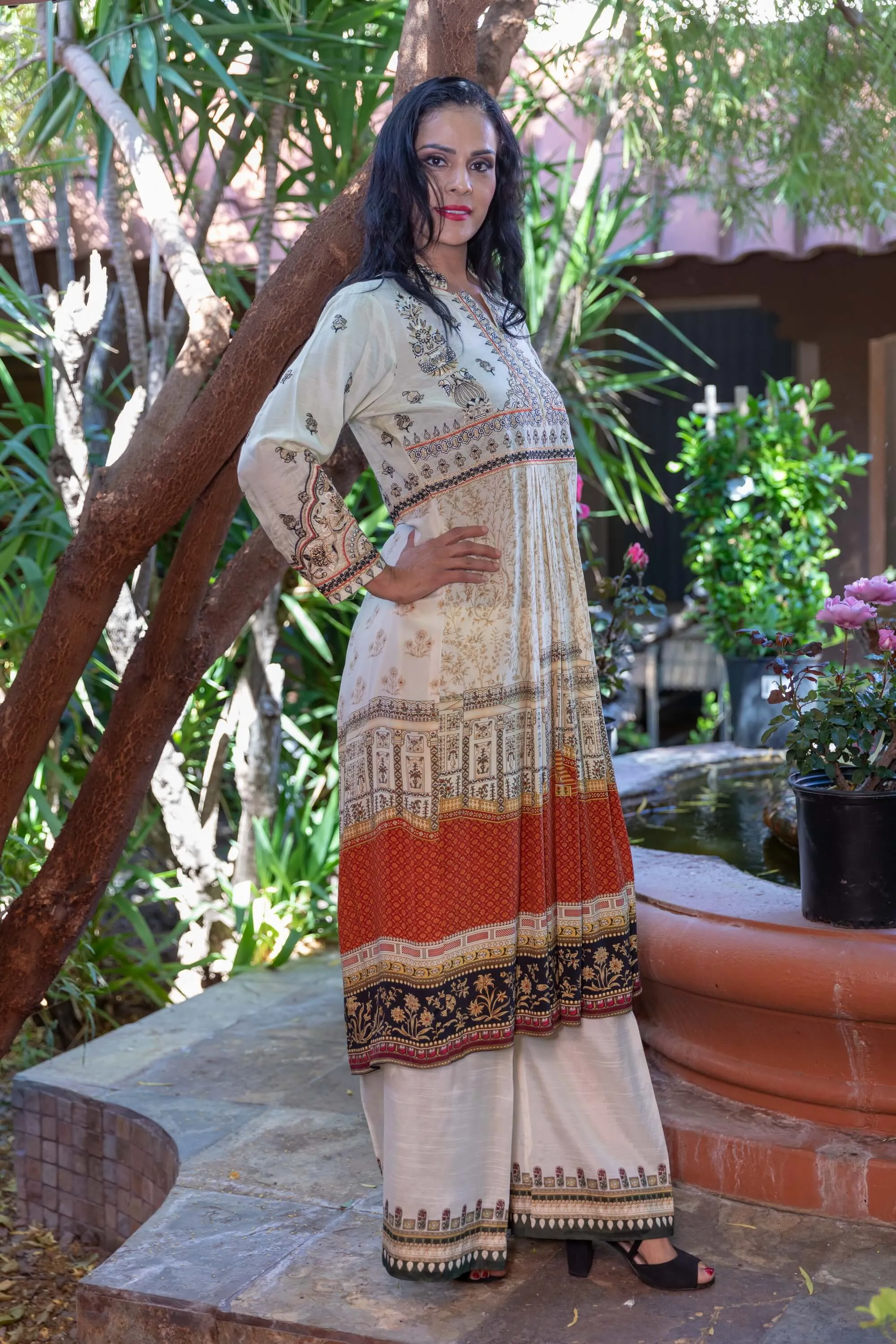 Cream & Orange Silk Embroidered Salwar Kameez -  Elan Designer Suit