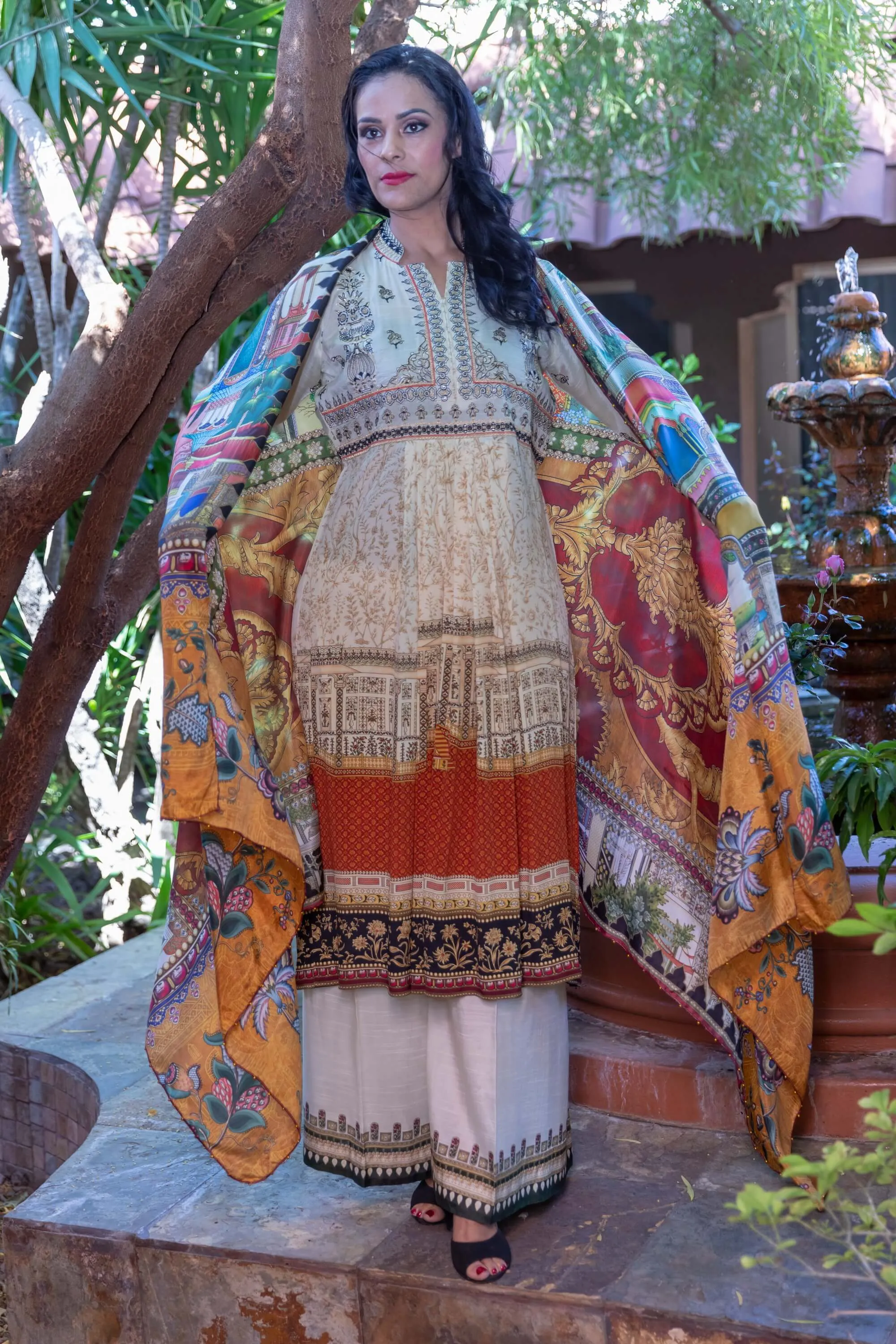 Cream & Orange Silk Embroidered Salwar Kameez -  Elan Designer Suit