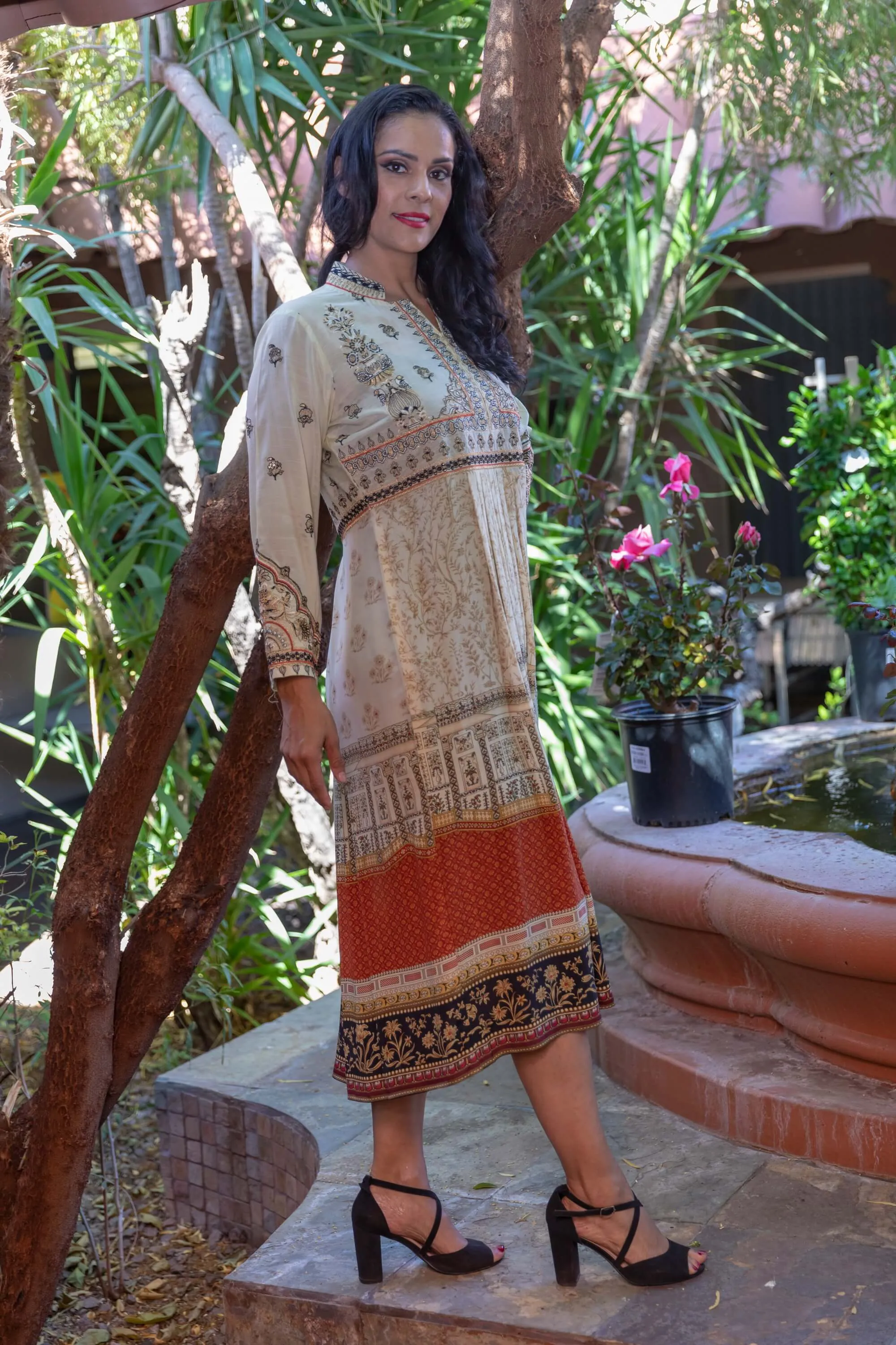 Cream & Orange Silk Embroidered Salwar Kameez -  Elan Designer Suit