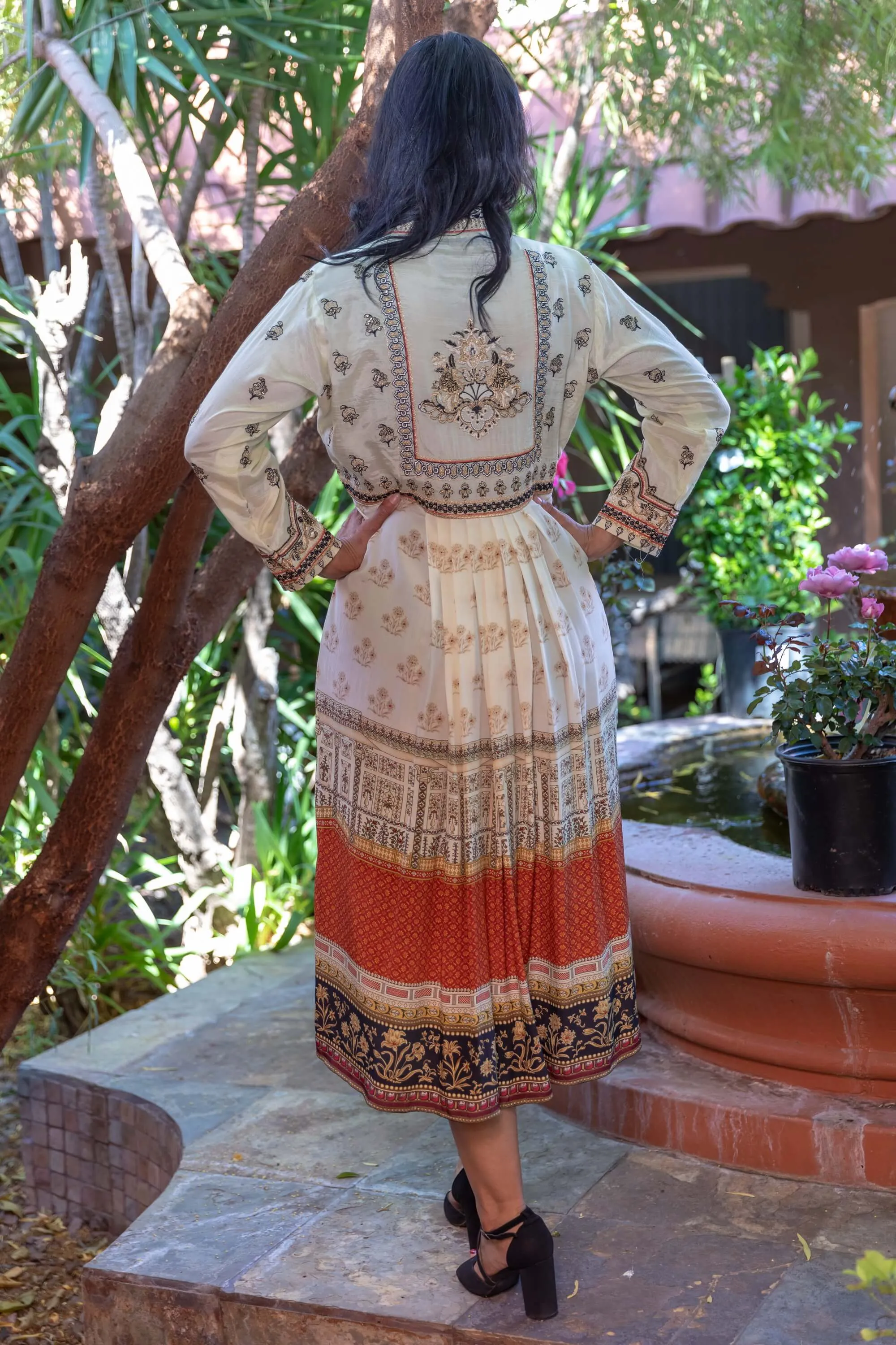 Cream & Orange Silk Embroidered Salwar Kameez -  Elan Designer Suit