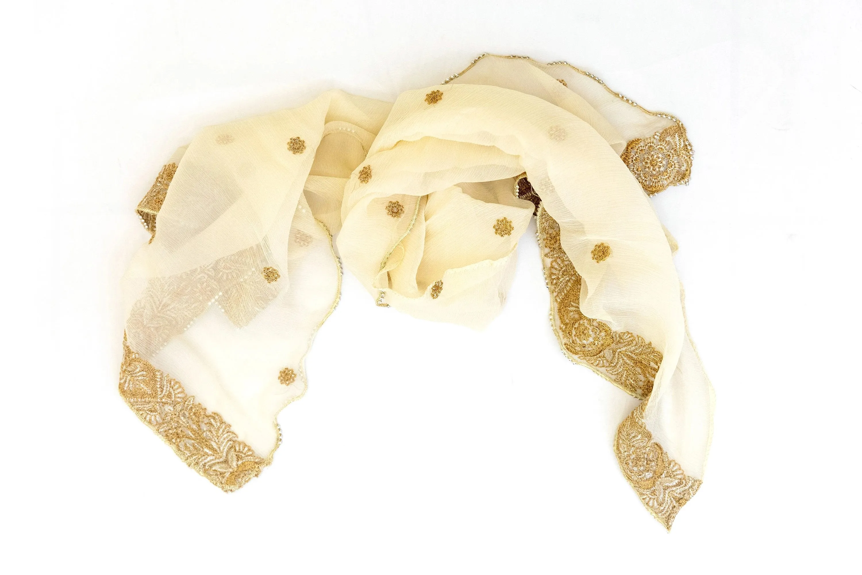 Creme Chiffon Embroidered Dupatta - Small Scarf