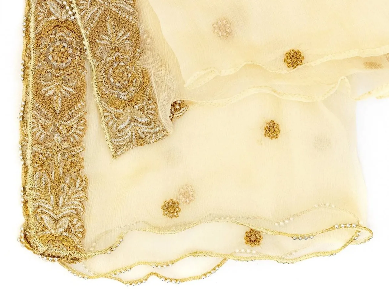 Creme Chiffon Embroidered Dupatta - Small Scarf