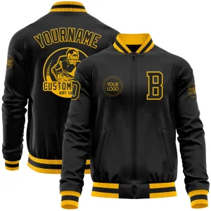 Custom Black Gold Bomber Varsity Letterman Zipper Jacket