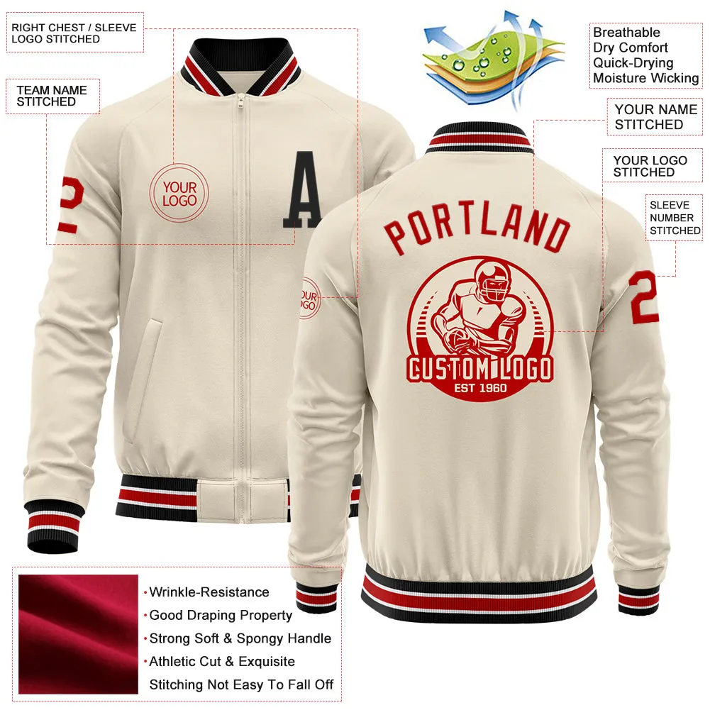 Custom Cream Red-Black Bomber Varsity Letterman Zipper Jacket