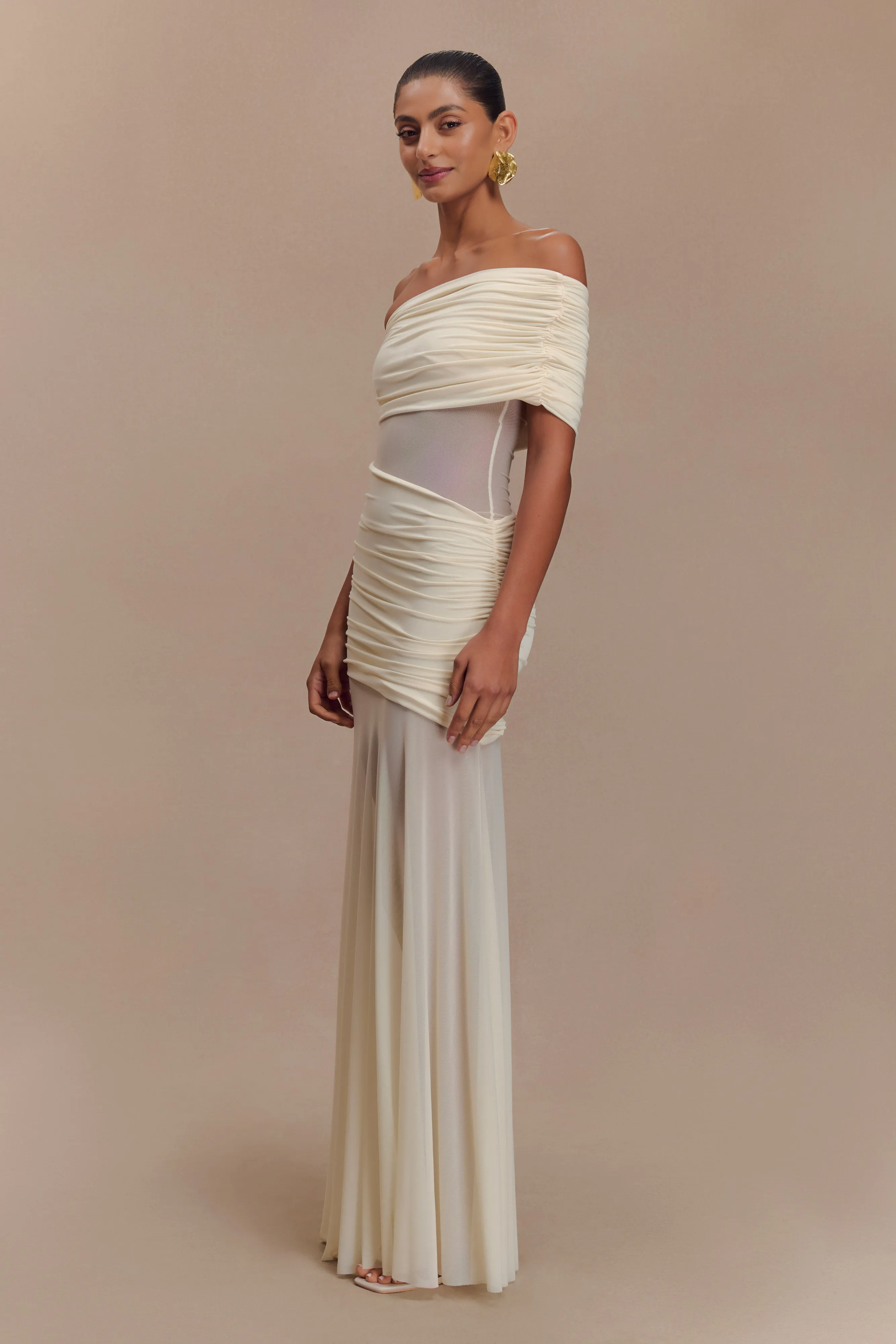 Dallas One Shoulder Mesh Maxi Dress - Ivory