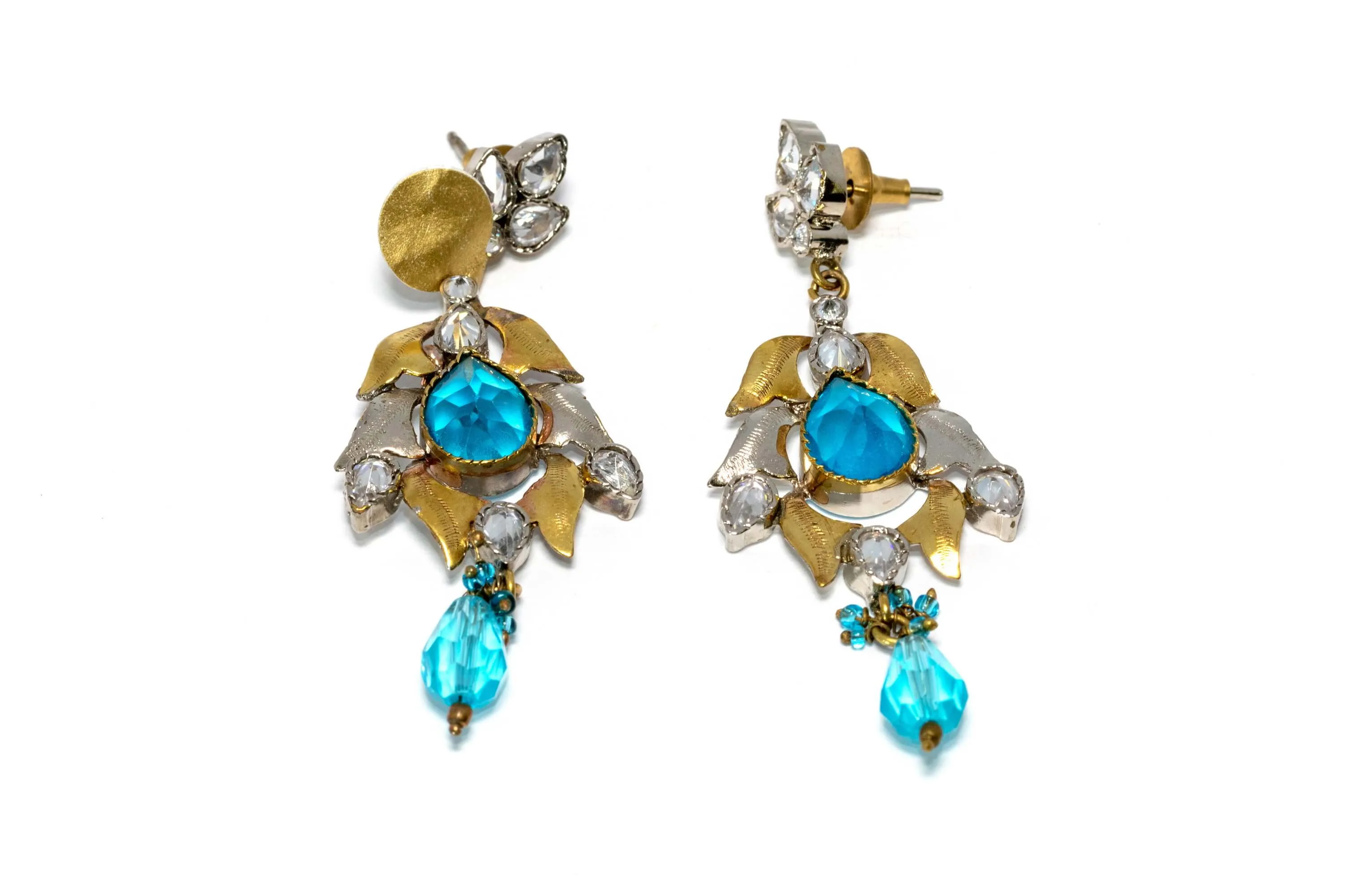 Dangling Gold, Silver, and Aqua Earrings