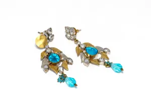 Dangling Gold, Silver, and Aqua Earrings
