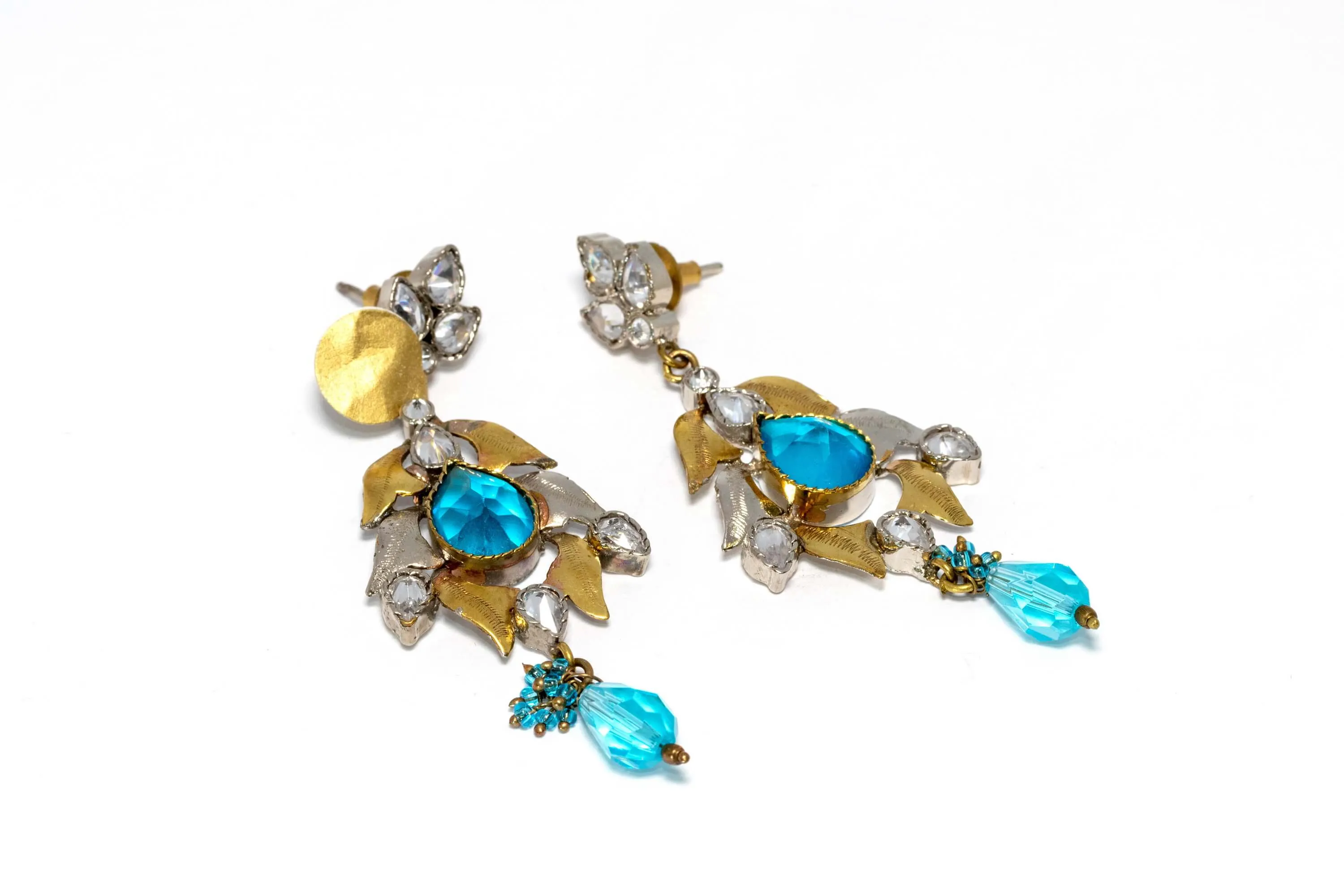 Dangling Gold, Silver, and Aqua Earrings