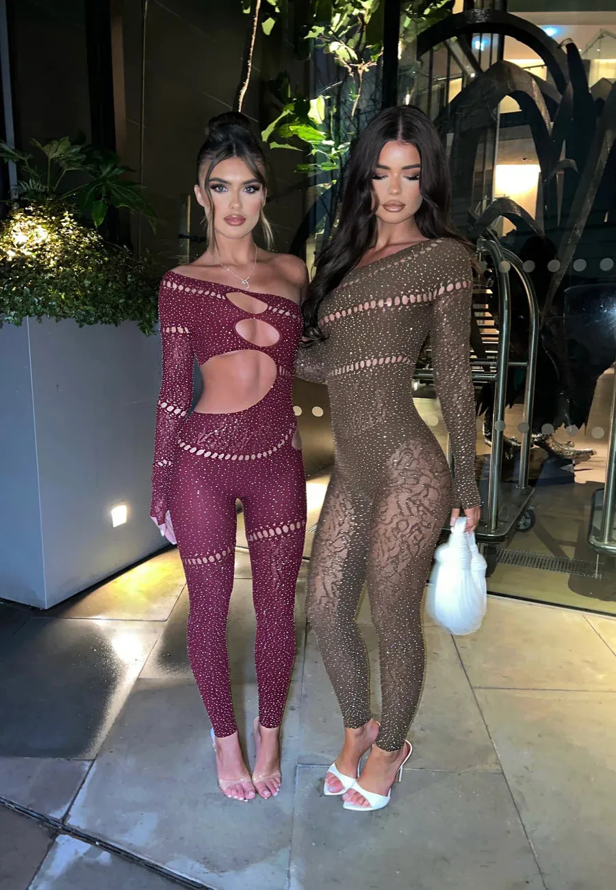 Dazzling Beaded Long-Sleeve Mesh Jumpsuit for Bold Sensuality