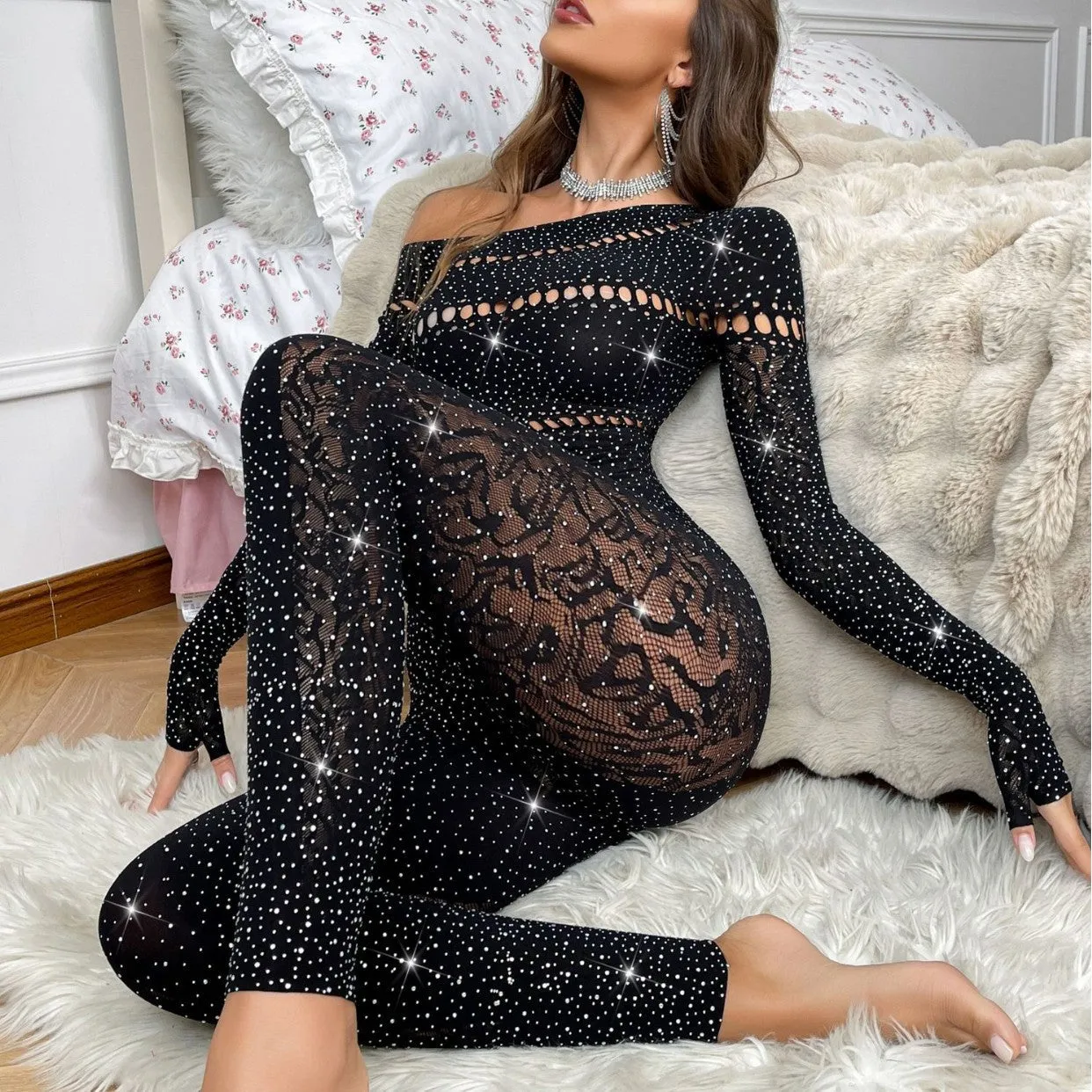 Dazzling Beaded Long-Sleeve Mesh Jumpsuit for Bold Sensuality