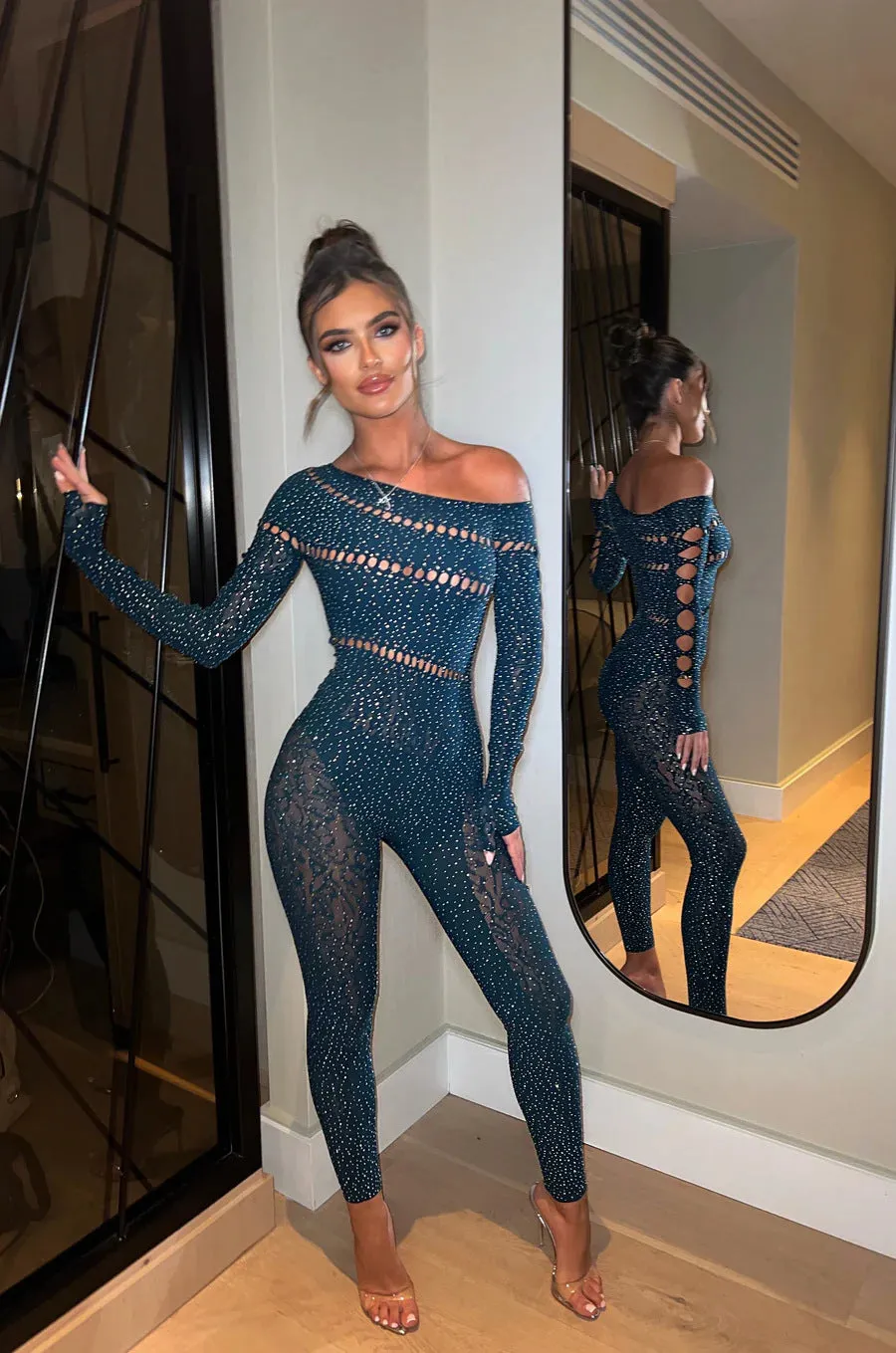 Dazzling Beaded Long-Sleeve Mesh Jumpsuit for Bold Sensuality