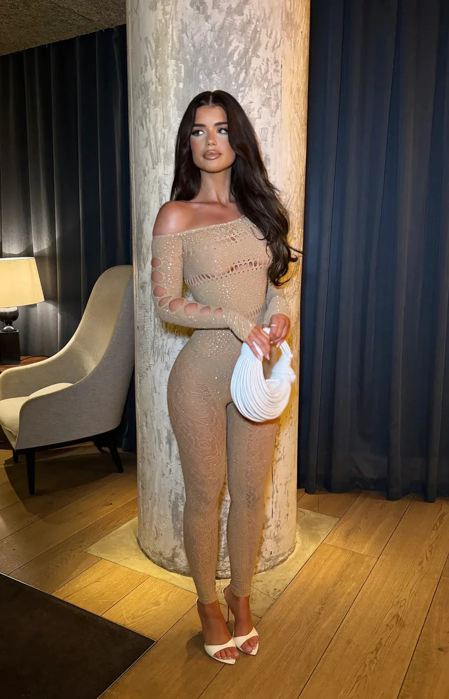 Dazzling Beaded Long-Sleeve Mesh Jumpsuit for Bold Sensuality