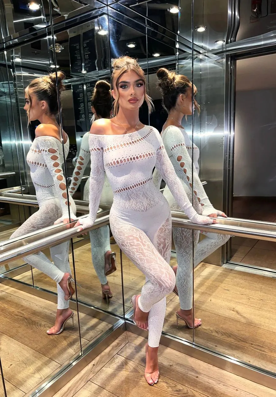 Dazzling Beaded Long-Sleeve Mesh Jumpsuit for Bold Sensuality