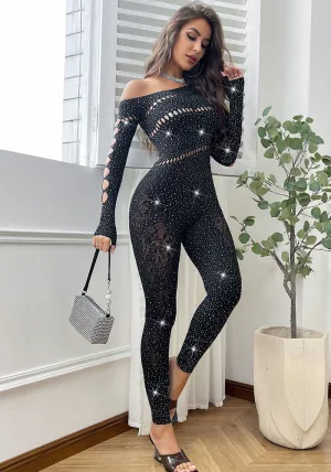 Dazzling Beaded Long-Sleeve Mesh Jumpsuit for Bold Sensuality