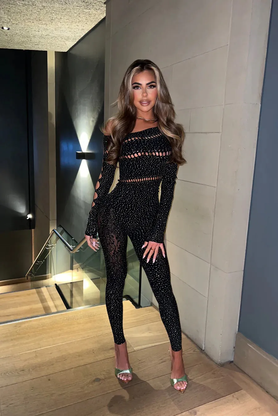 Dazzling Beaded Long-Sleeve Mesh Jumpsuit for Bold Sensuality
