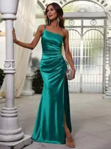Desaree one shoulder satin dress in Teal Express NZ wide