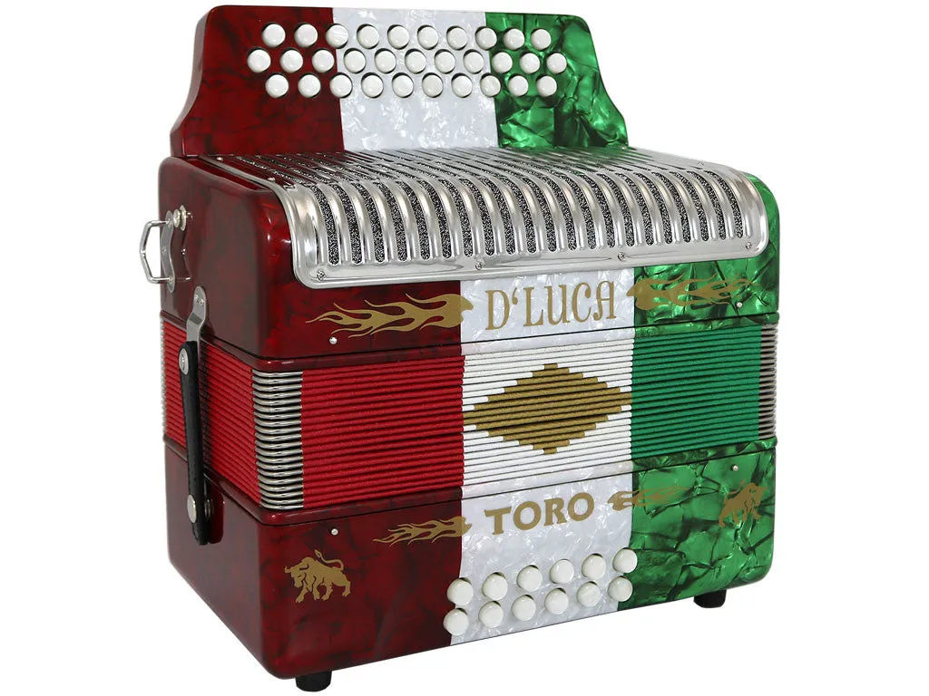 D'Luca Toro Button Accordion 31 Keys 12 Bass on FBE Key with Case and Straps, Red, White, Green
