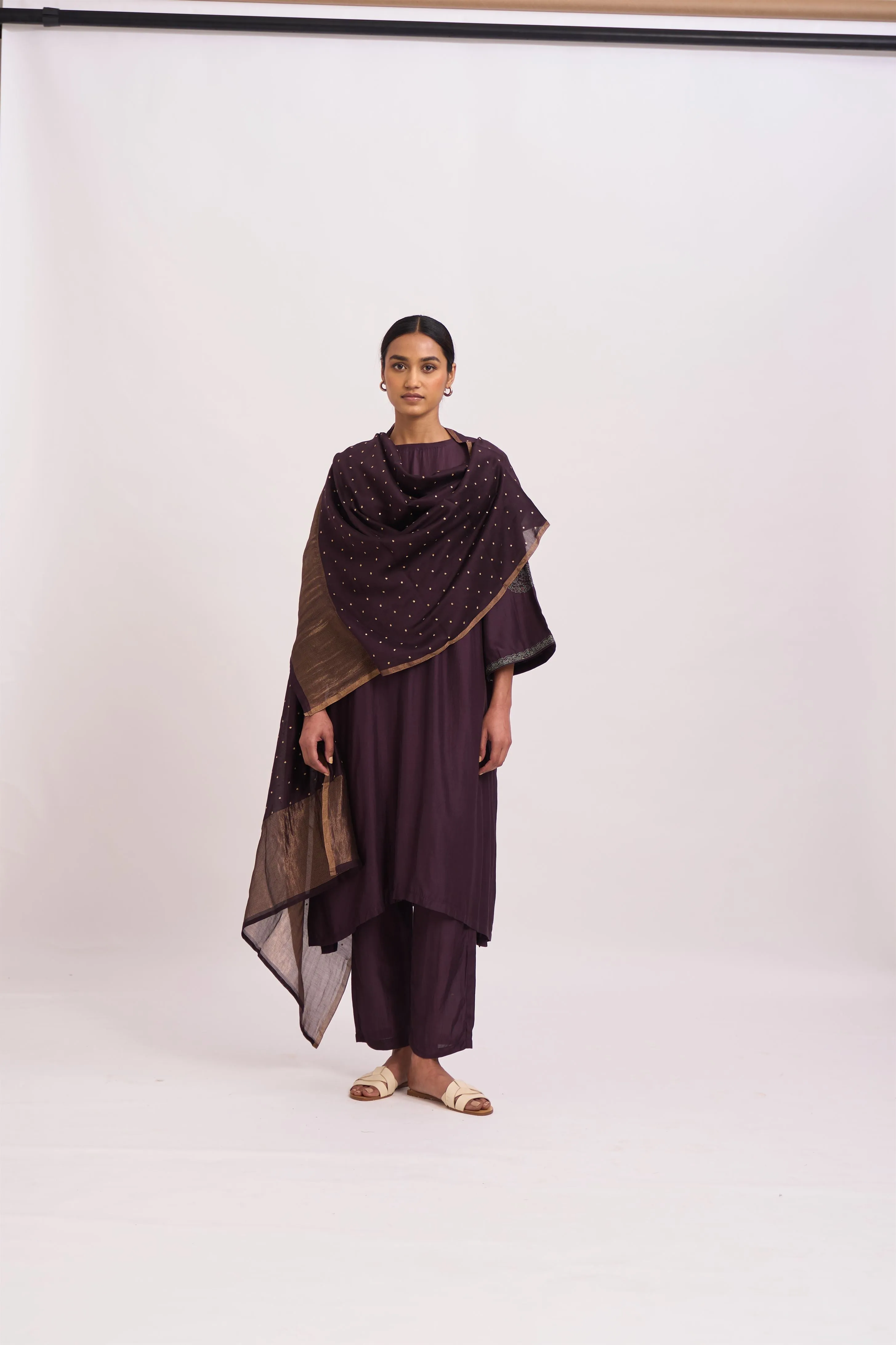 Dot   I   Yami Kurta Sadd Set Chanderi Dupatta with Cotton Silk Fabric in Kurta and Palazoo wine SS24-PS- 56