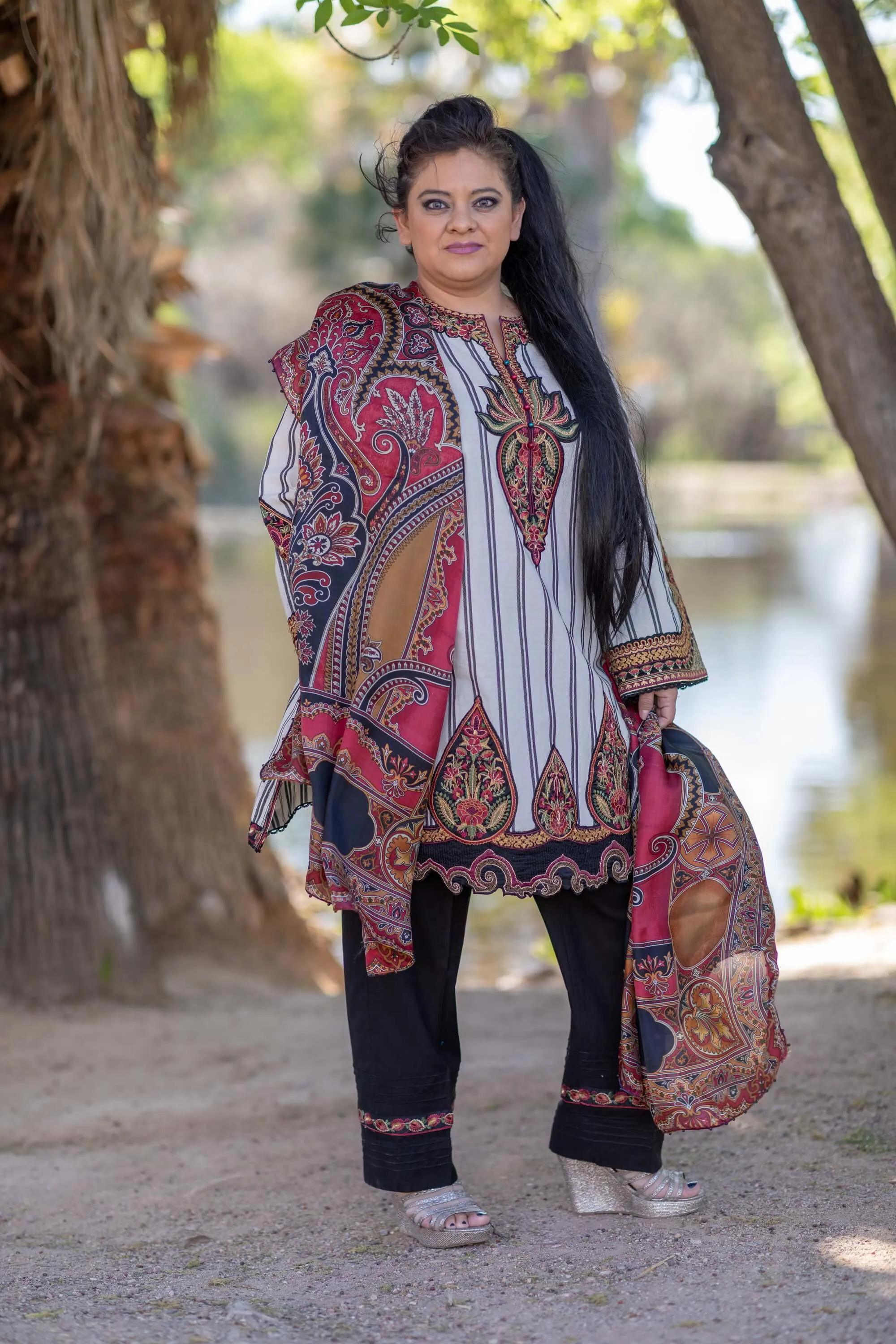 Elan Winter Suit with Stripped Shirt and Embroidery