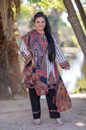 Elan Winter Suit with Stripped Shirt and Embroidery
