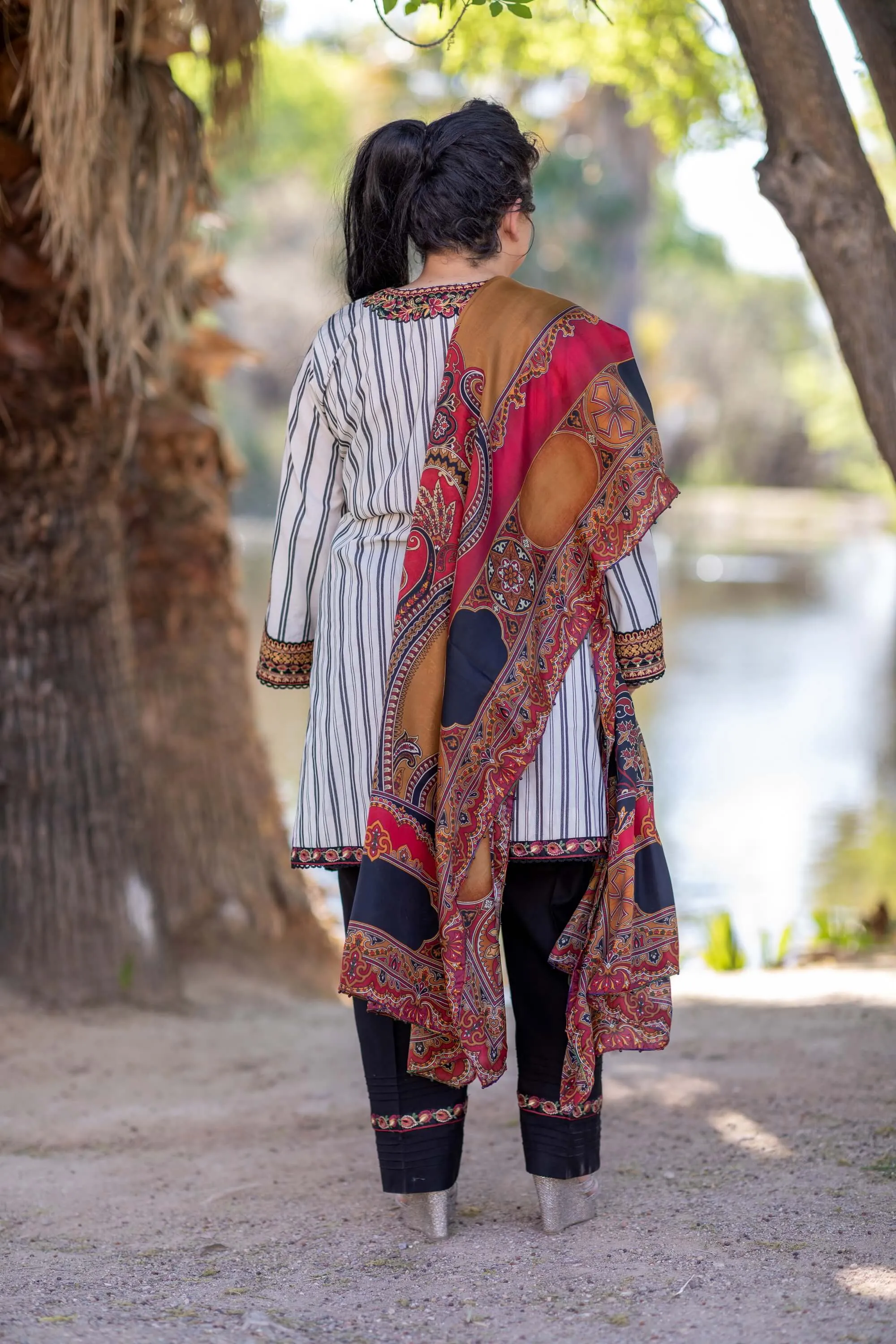Elan Winter Suit with Stripped Shirt and Embroidery