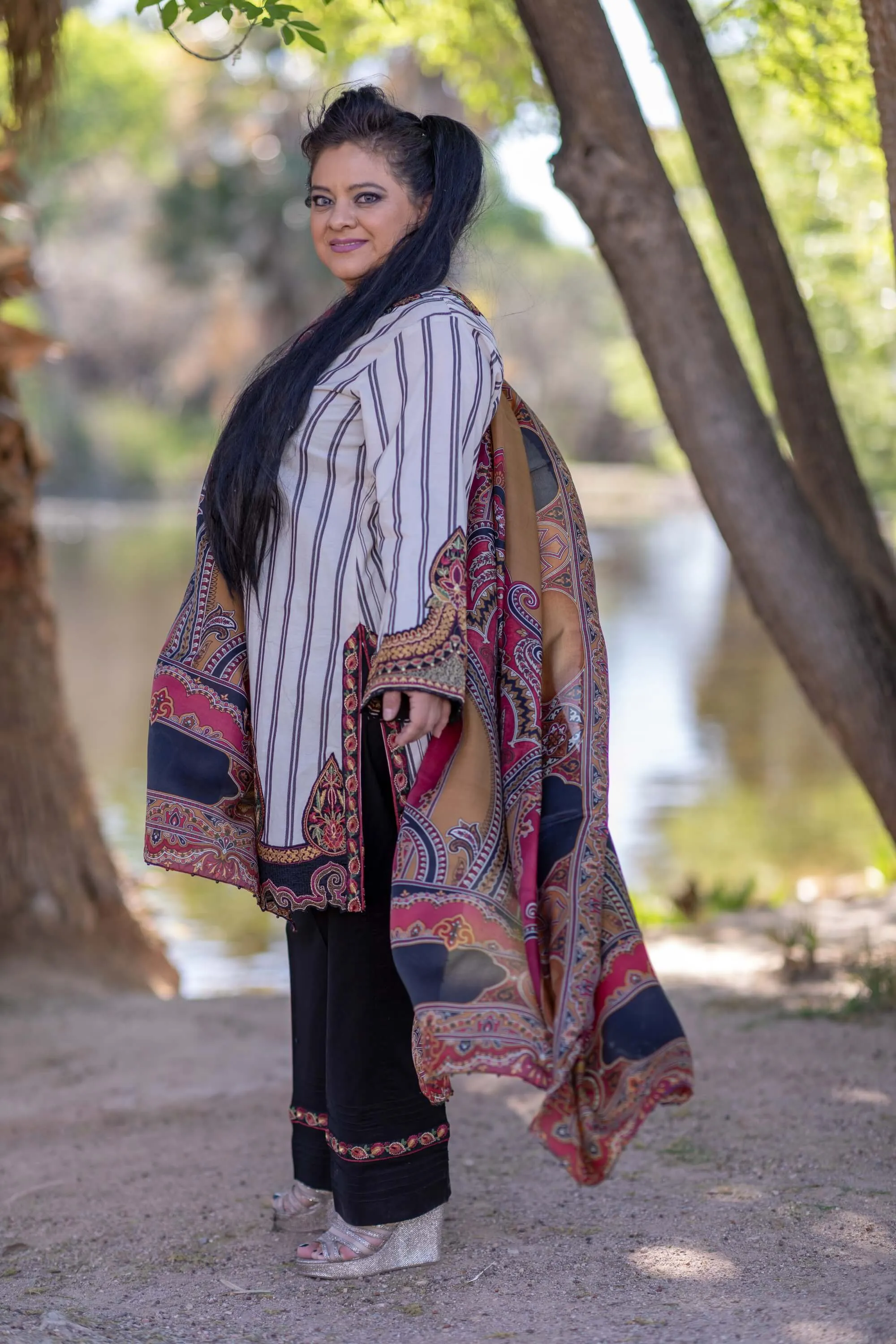 Elan Winter Suit with Stripped Shirt and Embroidery