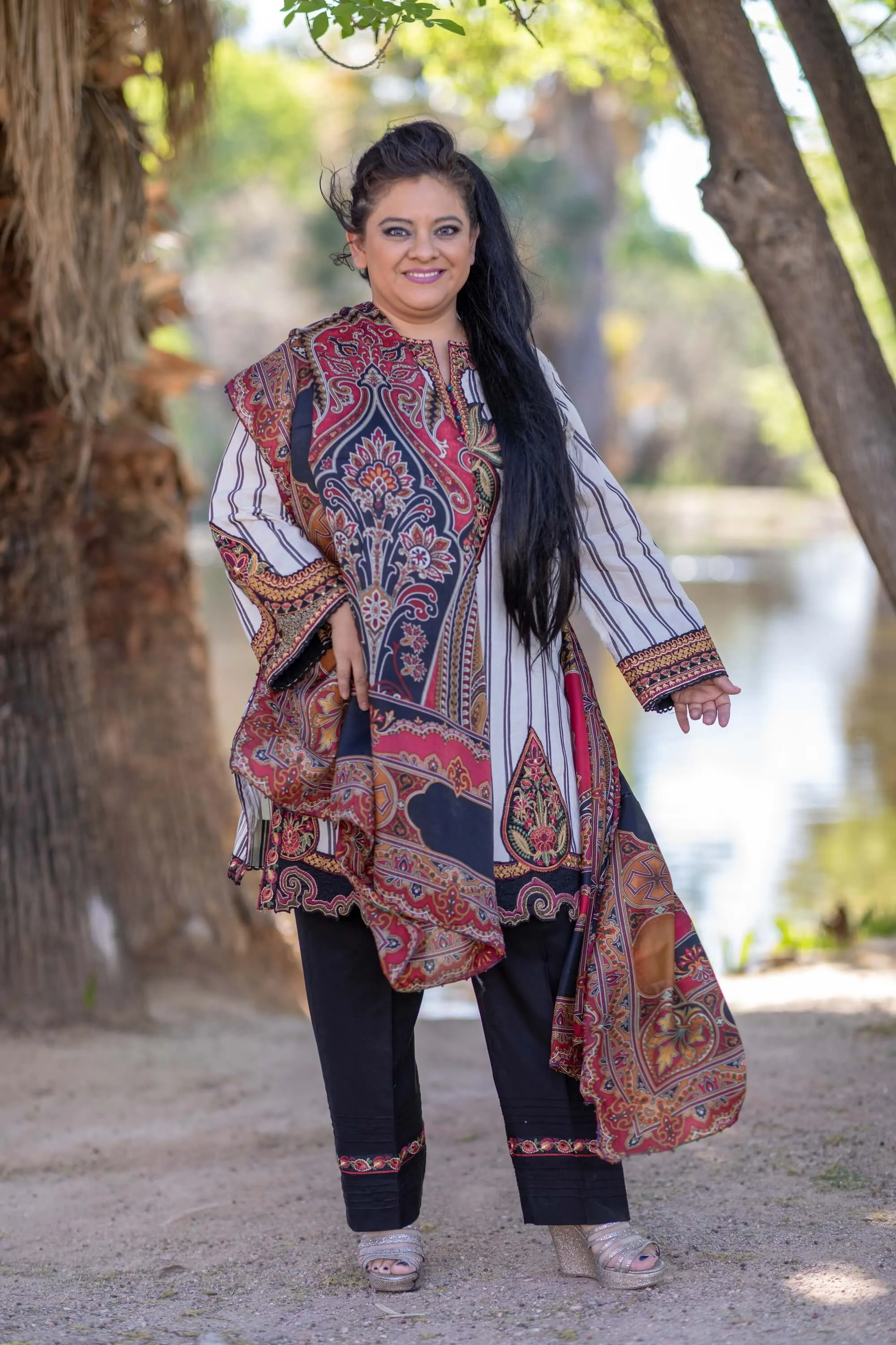 Elan Winter Suit with Stripped Shirt and Embroidery