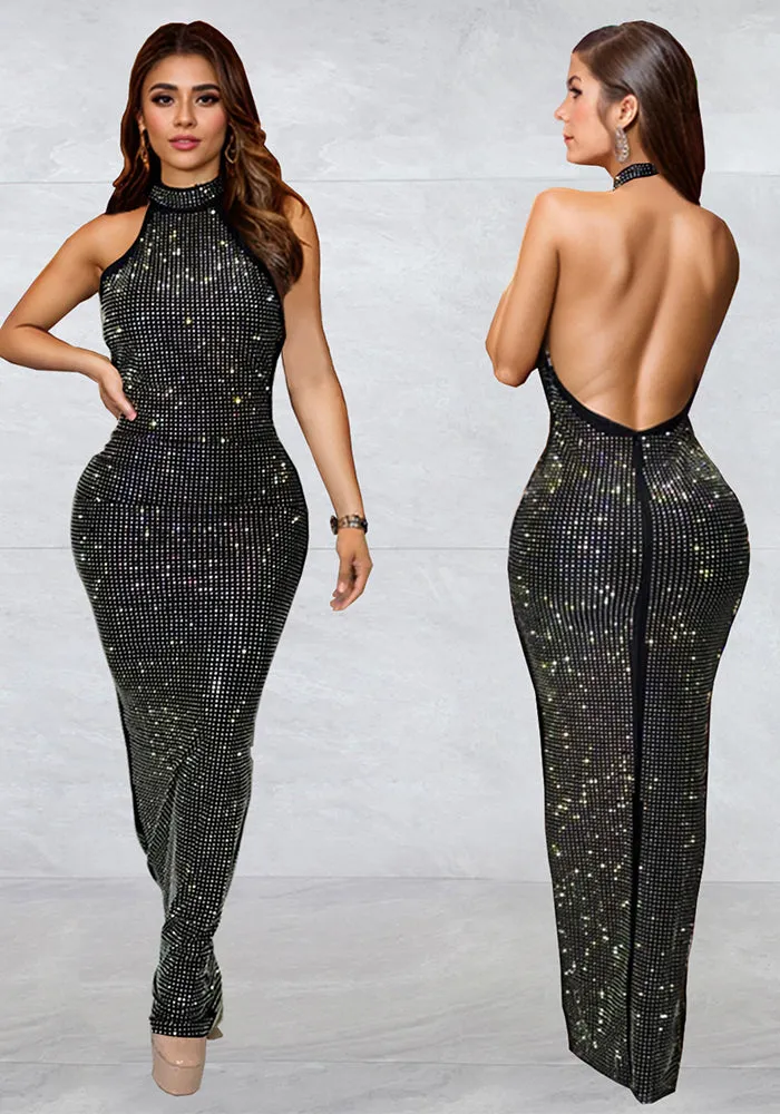 Elegant Beaded Halter Slim Fit Gown with Low Back Design