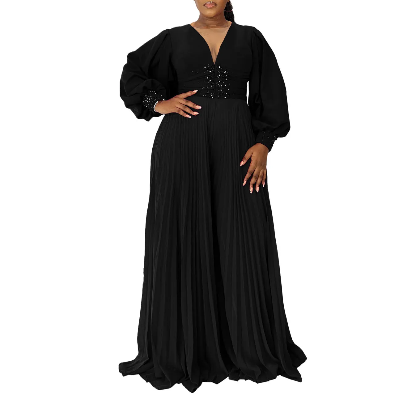 Elegant Beaded Long Sleeve Wide-Leg Pleated African Jumpsuit for Plus-Size Glamour