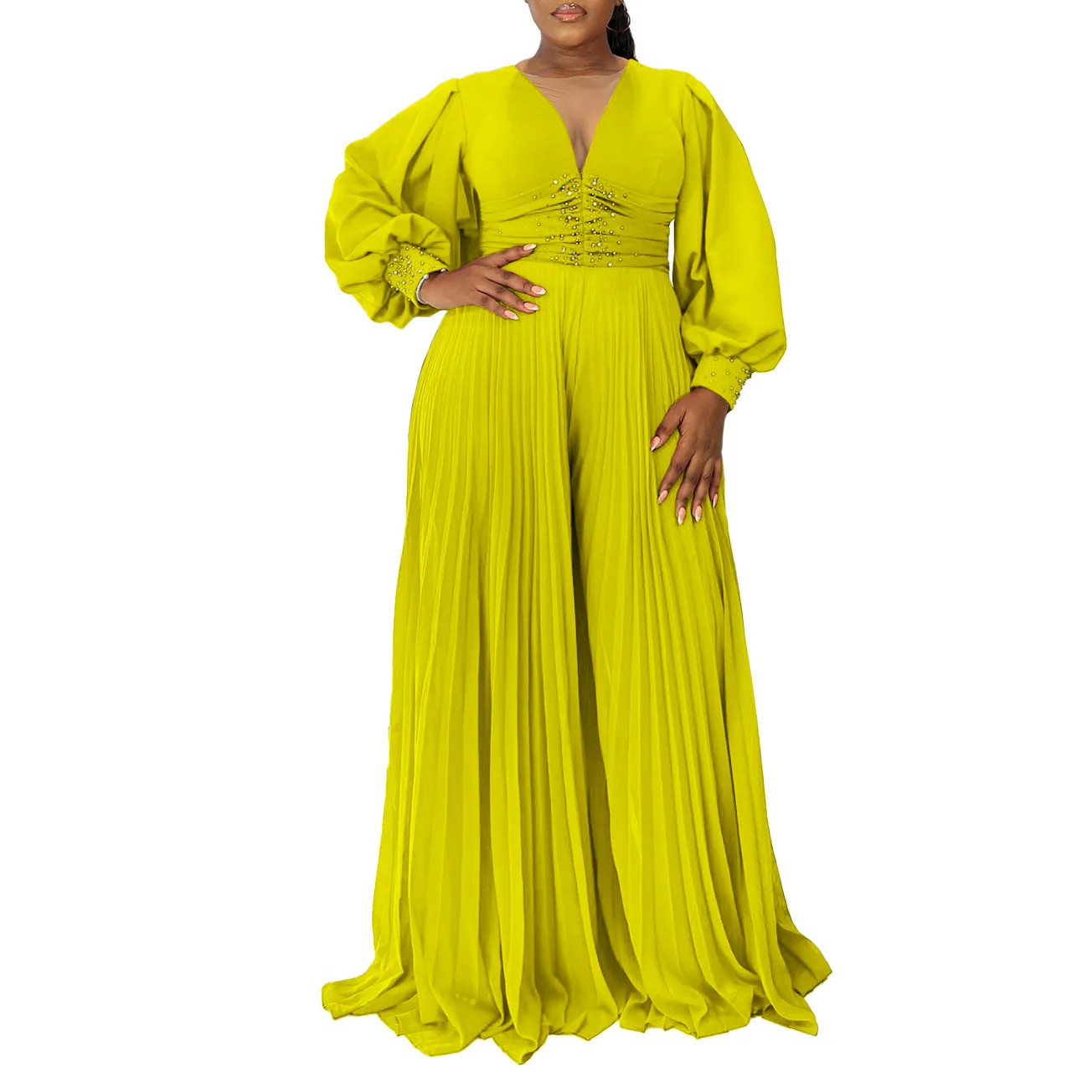 Elegant Beaded Long Sleeve Wide-Leg Pleated African Jumpsuit for Plus-Size Glamour