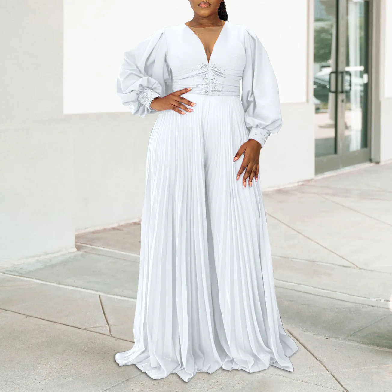 Elegant Beaded Long Sleeve Wide-Leg Pleated African Jumpsuit for Plus-Size Glamour