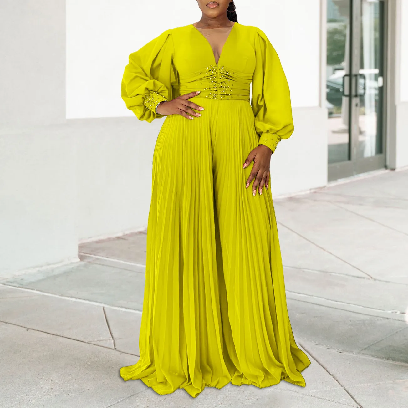 Elegant Beaded Long Sleeve Wide-Leg Pleated African Jumpsuit for Plus-Size Glamour