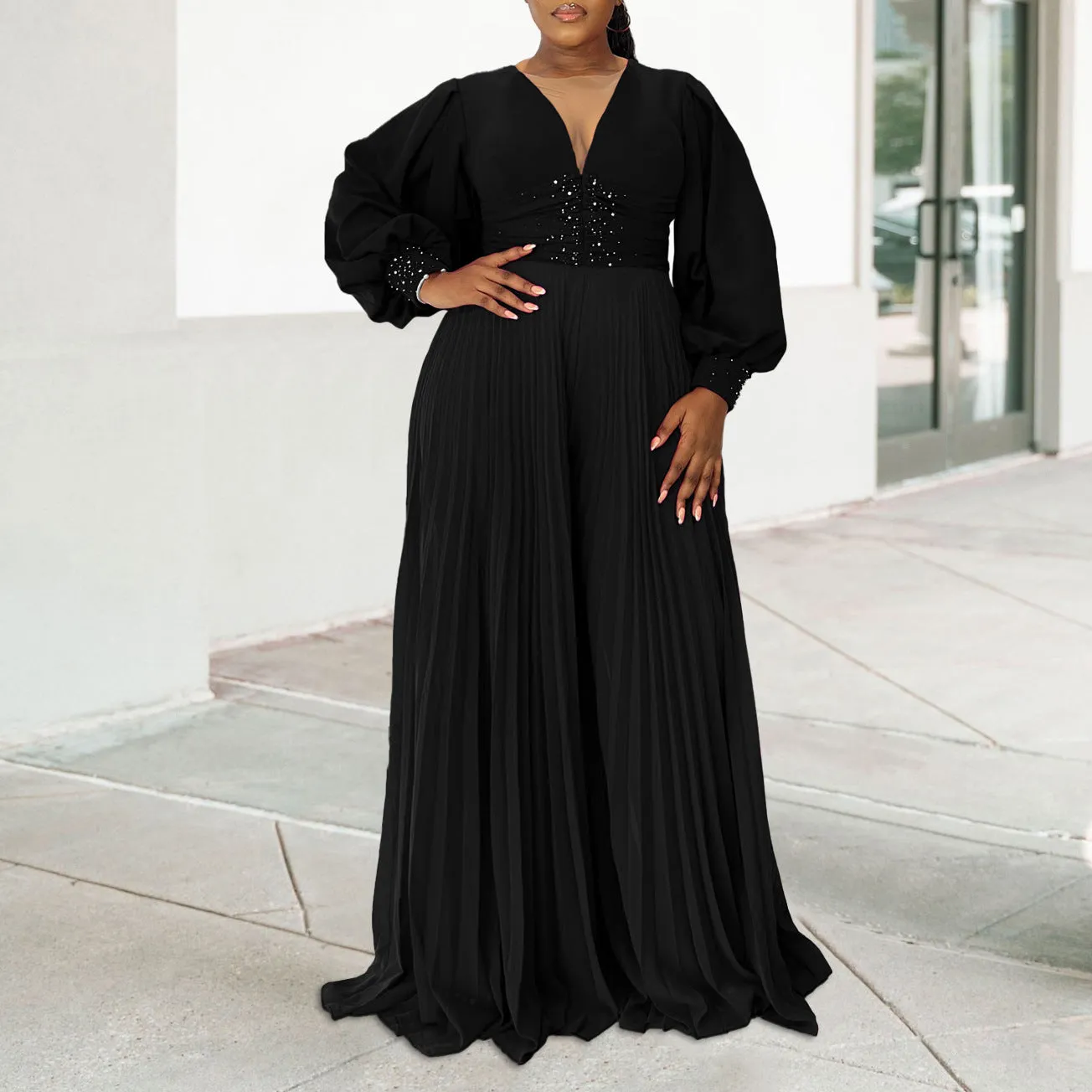 Elegant Beaded Long Sleeve Wide-Leg Pleated African Jumpsuit for Plus-Size Glamour