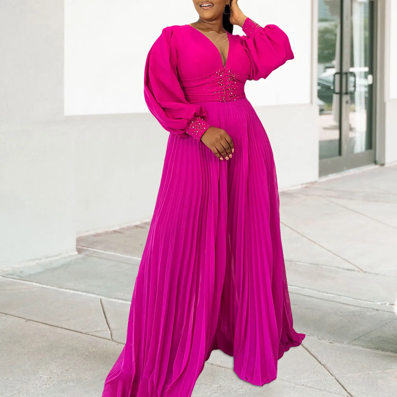 Elegant Beaded Long Sleeve Wide-Leg Pleated African Jumpsuit for Plus-Size Glamour