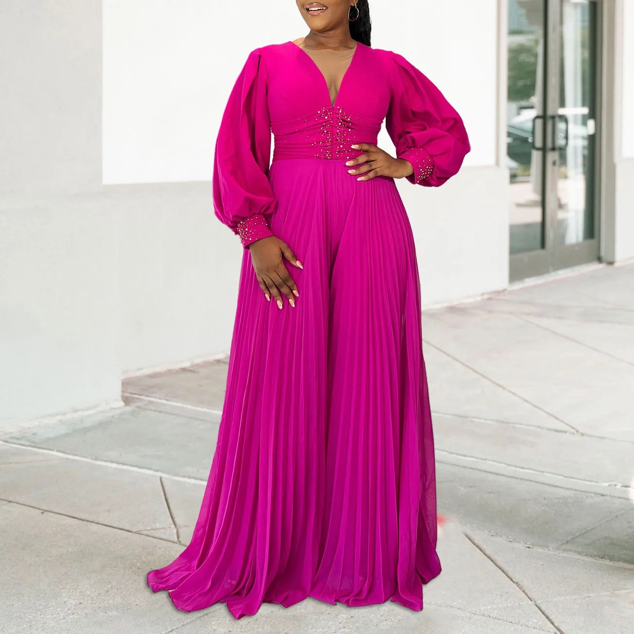 Elegant Beaded Long Sleeve Wide-Leg Pleated African Jumpsuit for Plus-Size Glamour