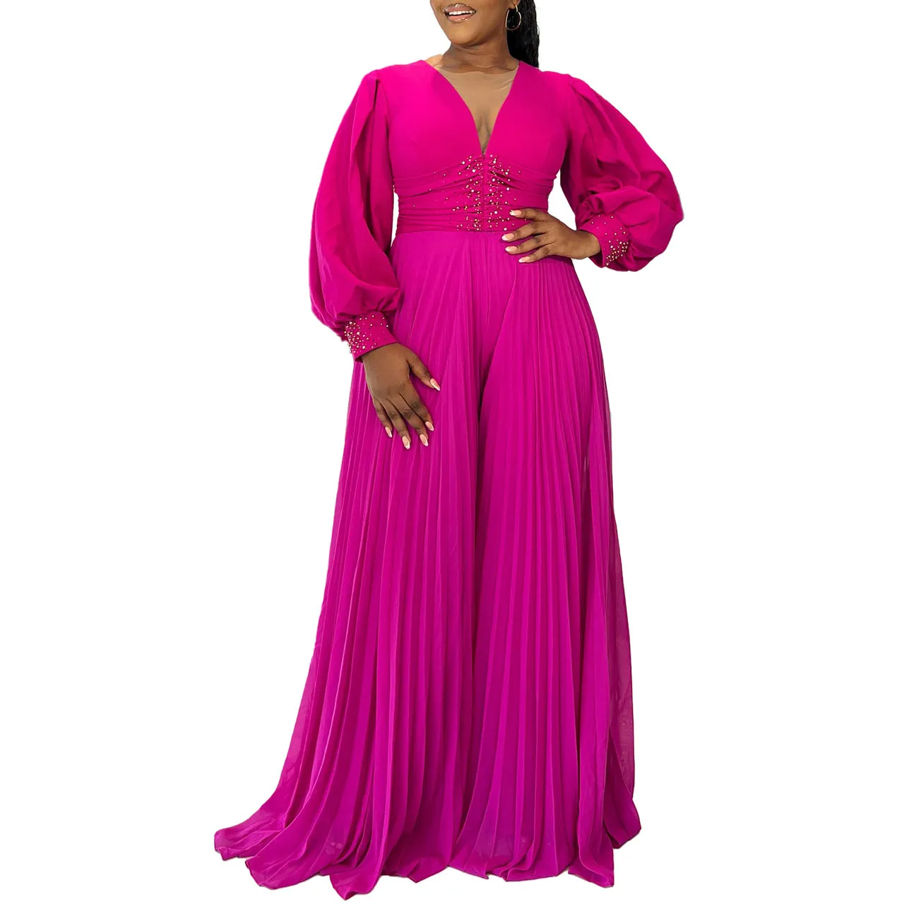 Elegant Beaded Long Sleeve Wide-Leg Pleated African Jumpsuit for Plus-Size Glamour