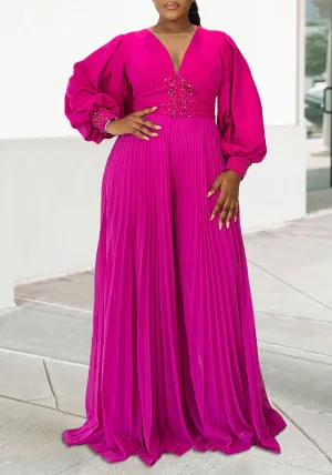 Elegant Beaded Long Sleeve Wide-Leg Pleated African Jumpsuit for Plus-Size Glamour