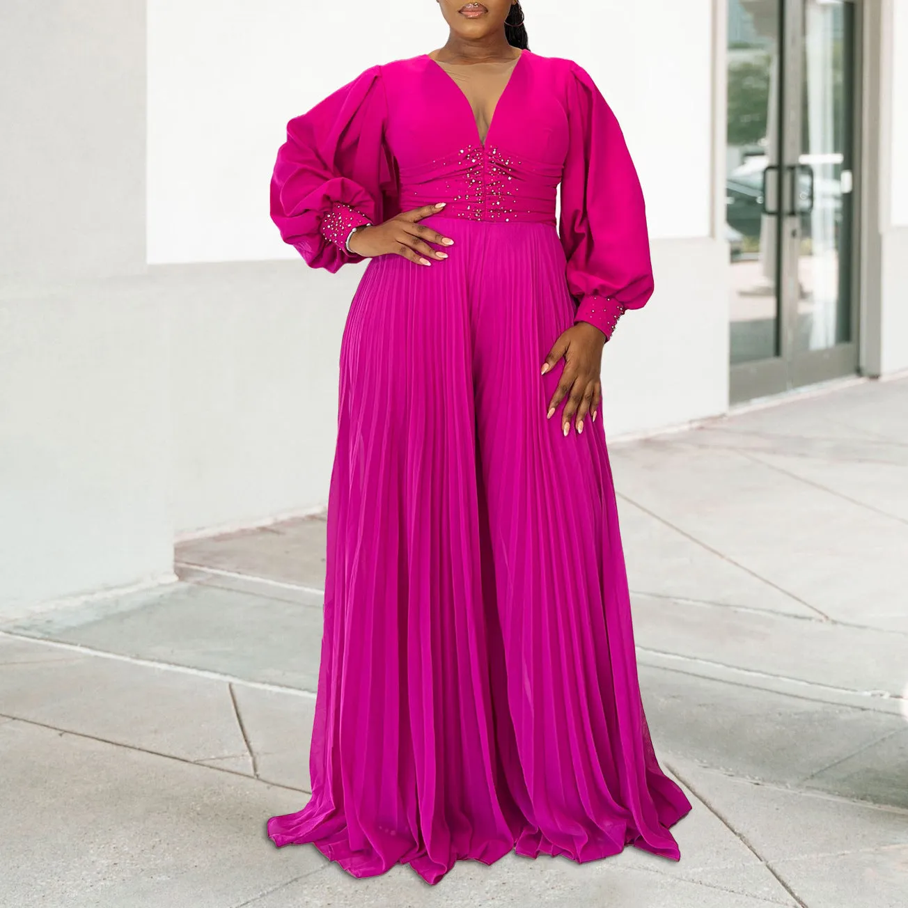 Elegant Beaded Long Sleeve Wide-Leg Pleated African Jumpsuit for Plus-Size Glamour