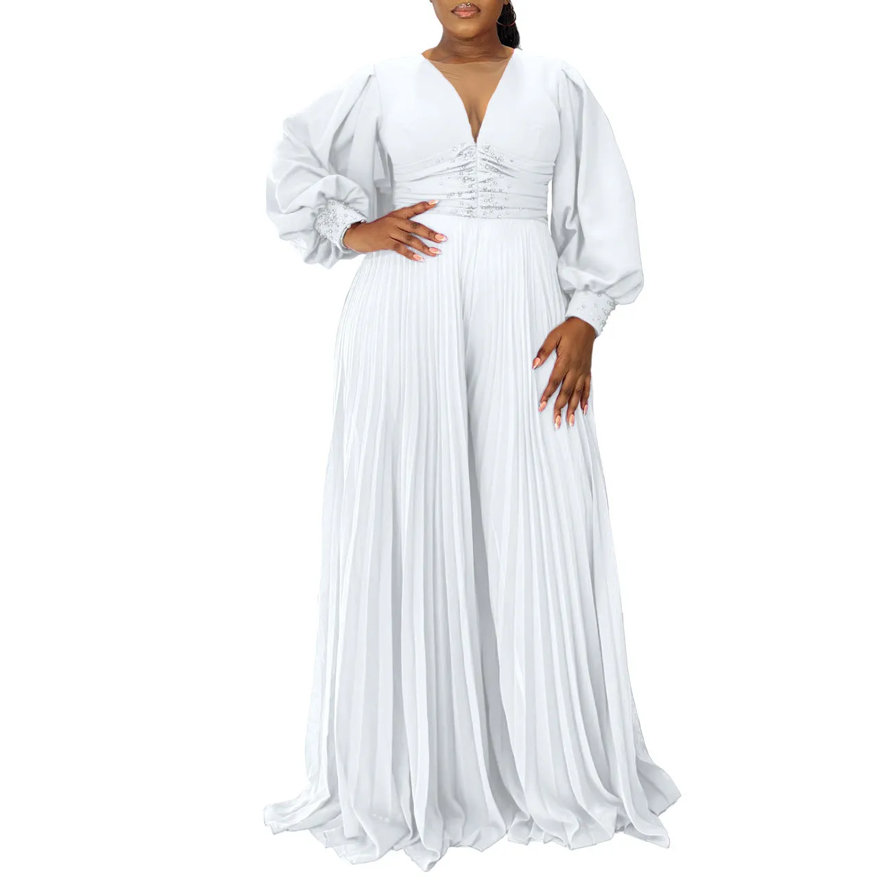 Elegant Beaded Long Sleeve Wide-Leg Pleated African Jumpsuit for Plus-Size Glamour