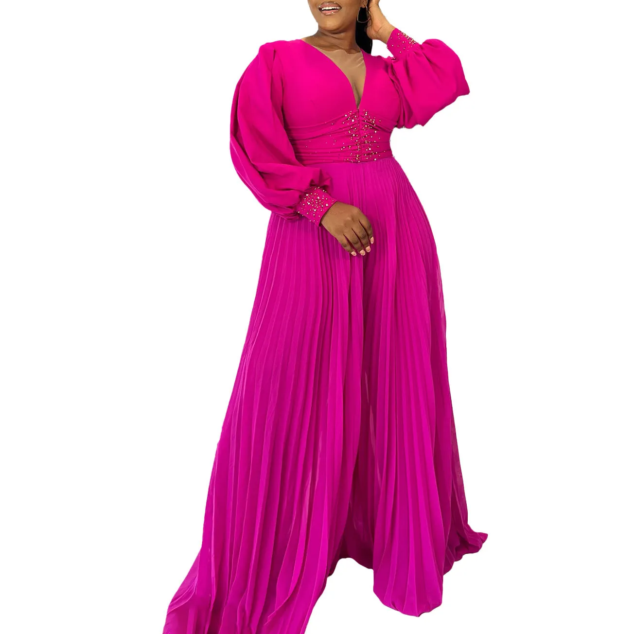 Elegant Beaded Long Sleeve Wide-Leg Pleated African Jumpsuit for Plus-Size Glamour